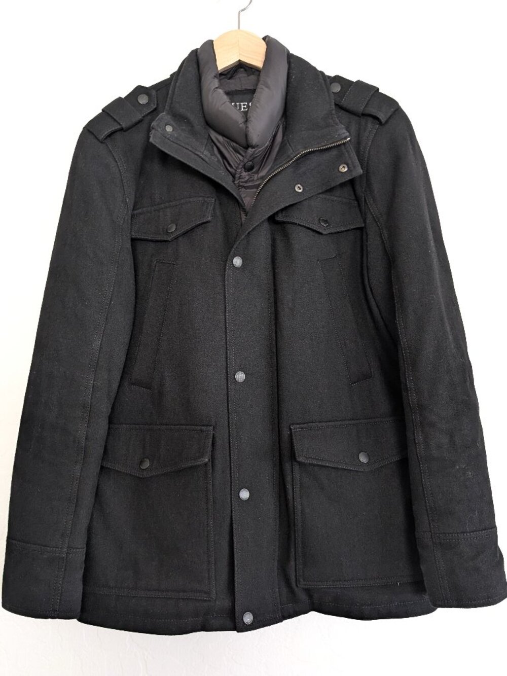 GUESS Coat Men's M Black Snap Zip Military Style Field Insulated Outdoor Classic